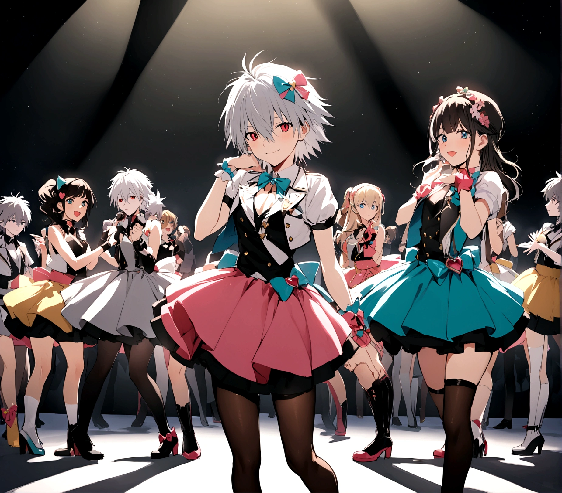 masterpiece, best quality, extremely detailed, evangelion kaworu nagisa, kaworu nagisa, genderbend, girl, seductive, hot, cute, idol, cheerful face, strong shining aura, cute idol clothes, alot of accessories, (cute hair accessories and special clothes for kaworu), idol group member, (center, in middle, spotlight only kaworu), on stage, the prettiest member, multiple different people, (focusing on kaworu, center)