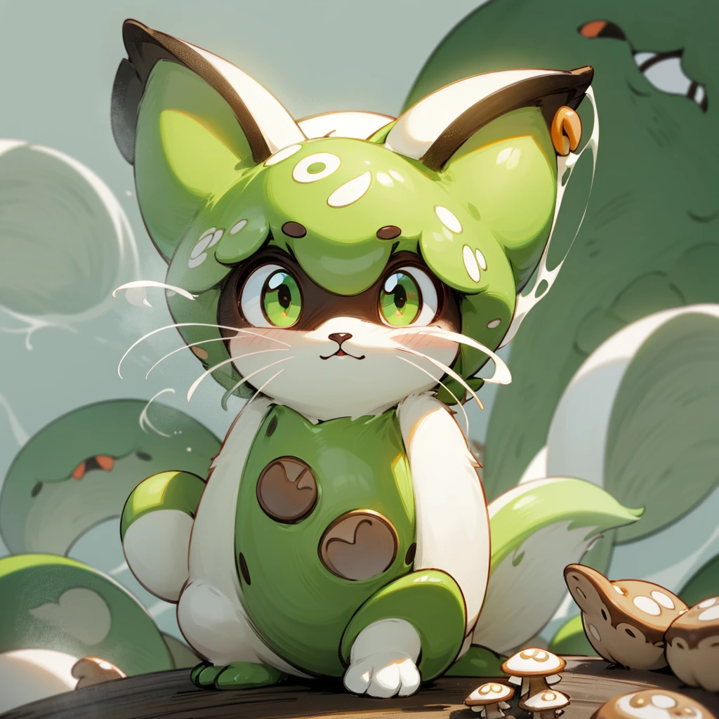 The head of the "milk tea brown cat" looks like it is wearing a button-shaped hat in the shape of a "matcha green poisonous mushroom&quo body is like a poisonous mushroom,The body changes into the shape of a poisonous mushroom,The feet also become cylindrical and long,But without losing the cat’s hair and mobility。
Eyes become round and big,Milk tea brown。
Ear sockets are matcha green。
The tail becomes like a platypus,flat and wide