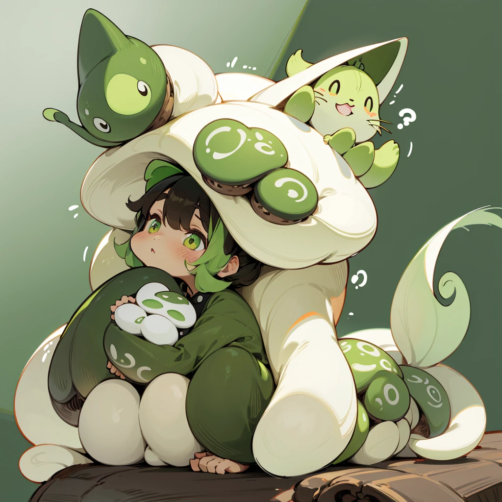 The head of the "milk tea brown cat" looks like it is wearing a button-shaped hat in the shape of a "matcha green poisonous mushroom&quo body is like a poisonous mushroom,The body changes into the shape of a poisonous mushroom,The feet also become cylindrical and long,But without losing the cat’s hair and mobility。
Eyes become round and big,Milk tea brown。
Ear sockets are matcha green。
The tail becomes like a platypus,flat and wide