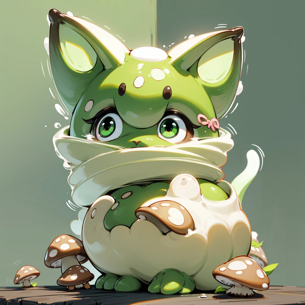 The head of the "milk tea brown cat" looks like it is wearing a button-shaped hat in the shape of a "matcha green poisonous mushroom&quo body is like a poisonous mushroom,The body changes into the shape of a poisonous mushroom,The feet also become cylindrical and long,But without losing the cat’s hair and mobility。
Eyes become round and big,Milk tea brown。
Ear sockets are matcha green。
The tail becomes like a platypus,flat and wide