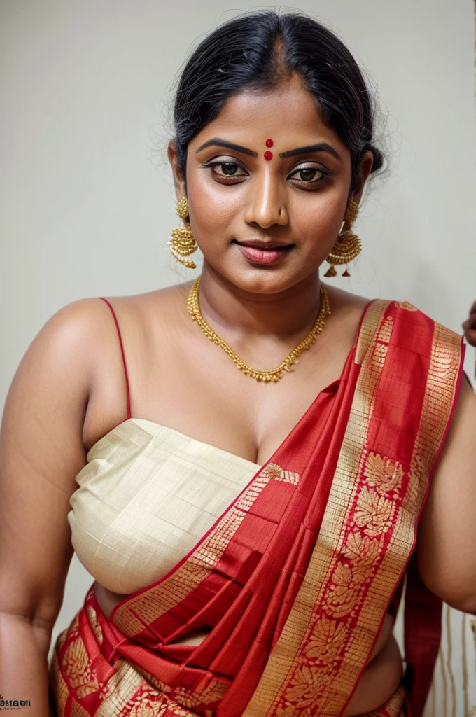 An Extremely gorgeous and beautiful Bengali village woman, 45 yo, pale white skin, sensual appealing body, perfect thick and chubby Beauty, wearing saree bare-chested, curvy, sexy navel folds, fleshy figure, Bengali village style saree, wearing a Bengali-style saree without a blouse,, ethnic vintage bengali village woman, bengali style saree, The sari was worn without a blouse and petticoat before the British Raj, baring one's chest or being blouseless, simple village ornaments, Bengalis a.k.a. Bongs are known for their unique Bengali fashion sense (the way they don that sari makes you go wow), Pre British Raj, Pre colonial era, Bengali Woman draping sari without blouse is a normal thing in pre British Era, bong woman, fine Art photography, artistic photography, sensually appealing, award winning photography, ethnic traditional beauty,
