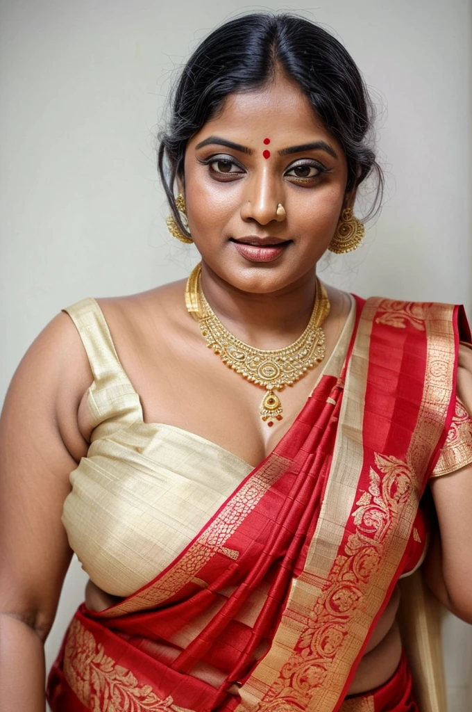 An Extremely gorgeous and beautiful Bengali village woman, 45 yo, pale white skin, sensual appealing body, perfect thick and chubby Beauty, wearing saree bare-chested, curvy, sexy navel folds, fleshy figure, Bengali village style saree, wearing a Bengali-style saree without a blouse,, ethnic vintage bengali village woman, bengali style saree, The sari was worn without a blouse and petticoat before the British Raj, baring one's chest or being blouseless, simple village ornaments, Bengalis a.k.a. Bongs are known for their unique Bengali fashion sense (the way they don that sari makes you go wow), Pre British Raj, Pre colonial era, Bengali Woman draping sari without blouse is a normal thing in pre British Era, bong woman, fine Art photography, artistic photography, sensually appealing, award winning photography, ethnic traditional beauty, 