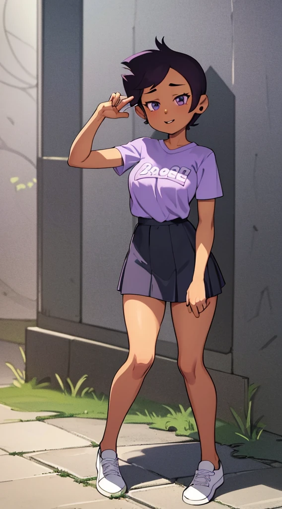 Luz Noceda, large breasts, ((purple and white smal shirt and a black stripped miniskirt)), high quality fanart, open legs Style, official fanart, , official art, (nsfw)