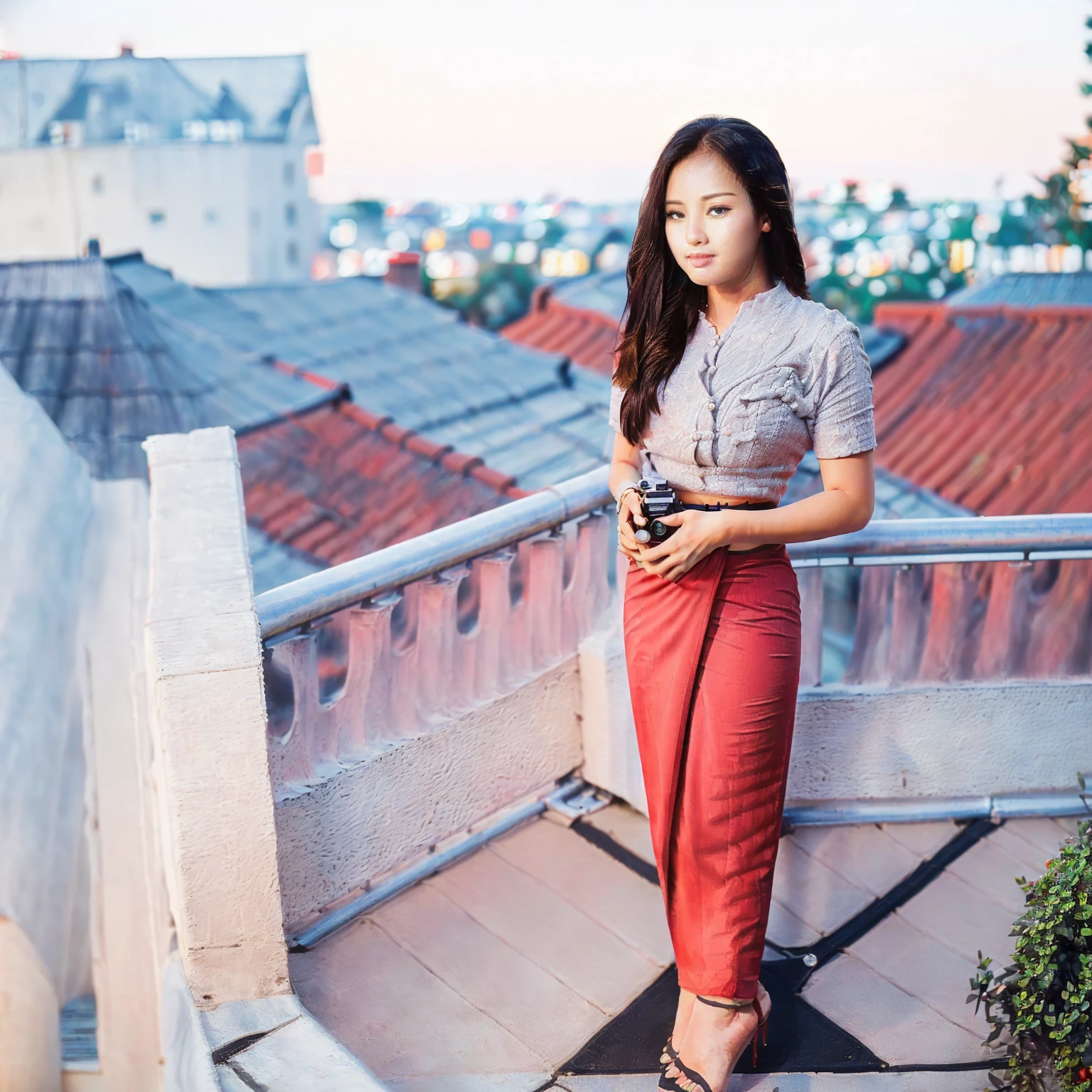 arafed asian woman in a satin dress, ((pretty lady MoonLay)), ((pretty lady MoonLay face:1.5)), ((((pretty lady MoonLay's innocent cute face and cute small smile)))), red lips, (standing with seductive pose for photography:1.5), (looking to the sky:1.5), (stunning night scene:1.5), smooth face skin, traditional beauty, cinematic portrait glow lighting, traditional dress, ((in a white shirt and red skirt:1.5), high heel, ((full body view:2)), ((two story building rooftop stunning slab balcony setting with vibrant colorful small townscape background:1.5)), (small plant pots at balcony:1.3), ((((DSLR bokeh blur background to highlight portrait view:1.5))), cinematic lighting, perfect anatomy, perfect face, perfect dress, perfect shin and calf, perfect hands, perfect toes