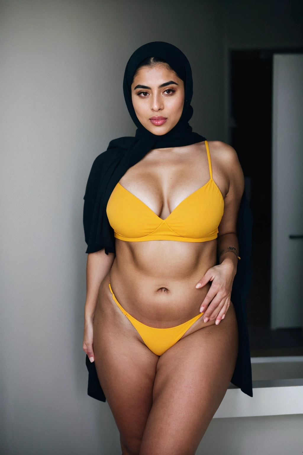 RAW photo,dark,moody,hazy atmosphere,35mm focal lenght,underexposed,cold,candid photograph,artistic,full body,photo of a beautiful,influencer,25yo Iranian woman,hijab,detailed skin,fully naked,looking at viewer, thick body structure,yellow background,no background, candid pose,dim room,blue light, film grain, kodak color, instagram LUT