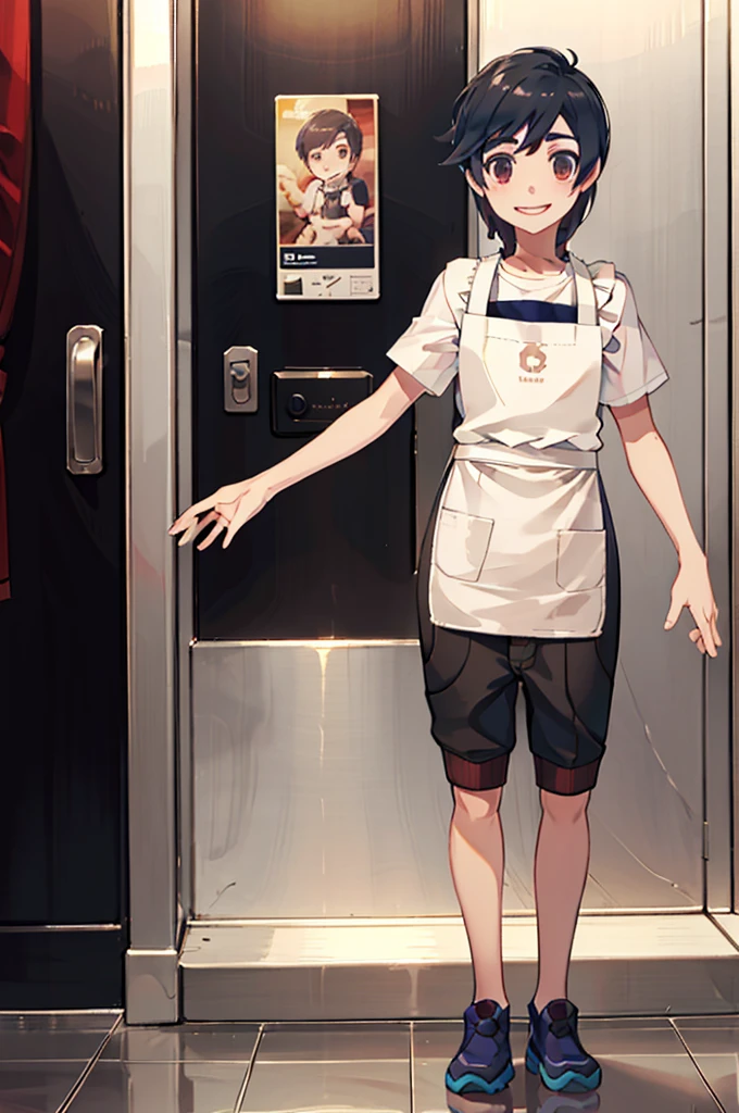 Detailed image, high quality, boy, Elio, cute, elevator, Cafe staff, family apron, medium penis, smile, flaccid cock, Dressed, just penis, penis focus, sole boy,