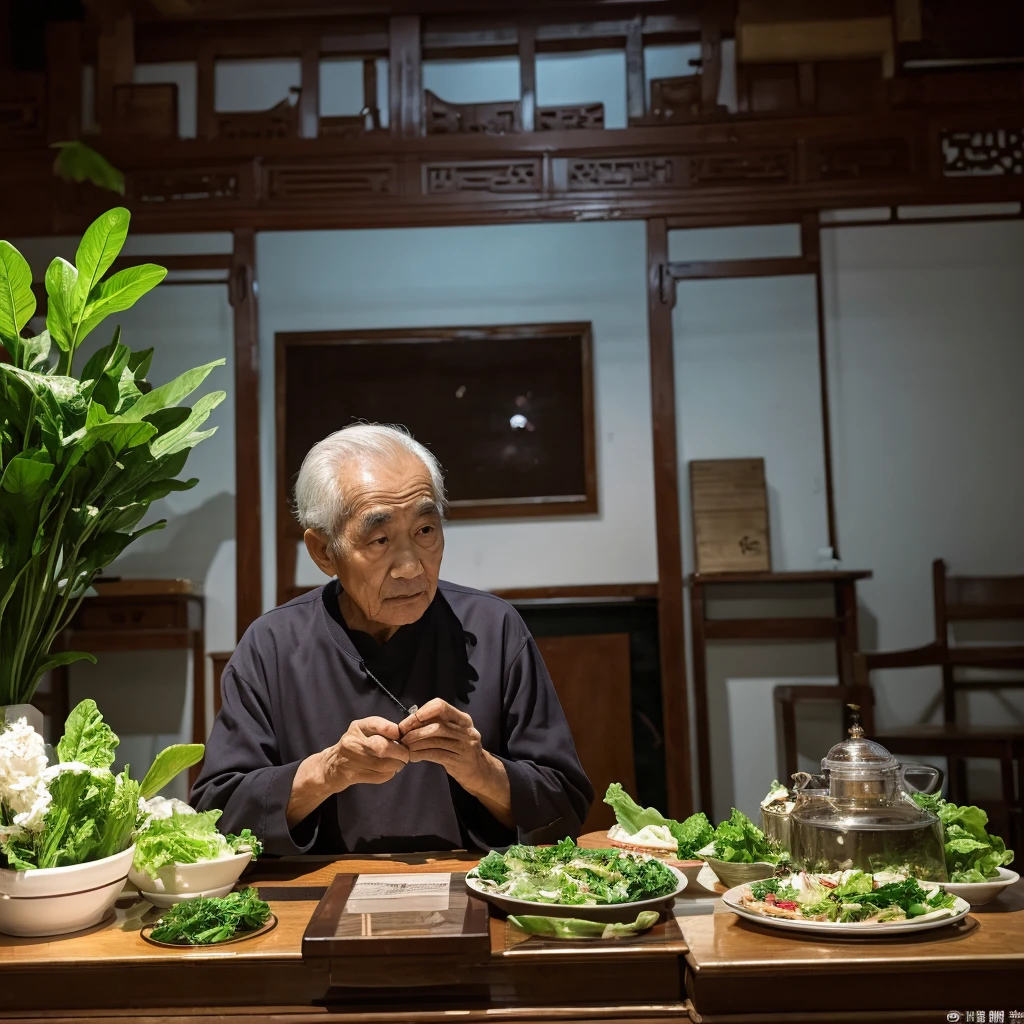 Medium-sized display, Medium shot, Written border depth, Break, Upper Body, angle, masterpiece, angle, (RAW photos, best quality), best quality, Very detailed, CG, 8k wallpaper, Vicissitudes, Older male protagonist,Chinese elderly,80 years old,male,Solitary, Divide salad, Look directly at the audience, front