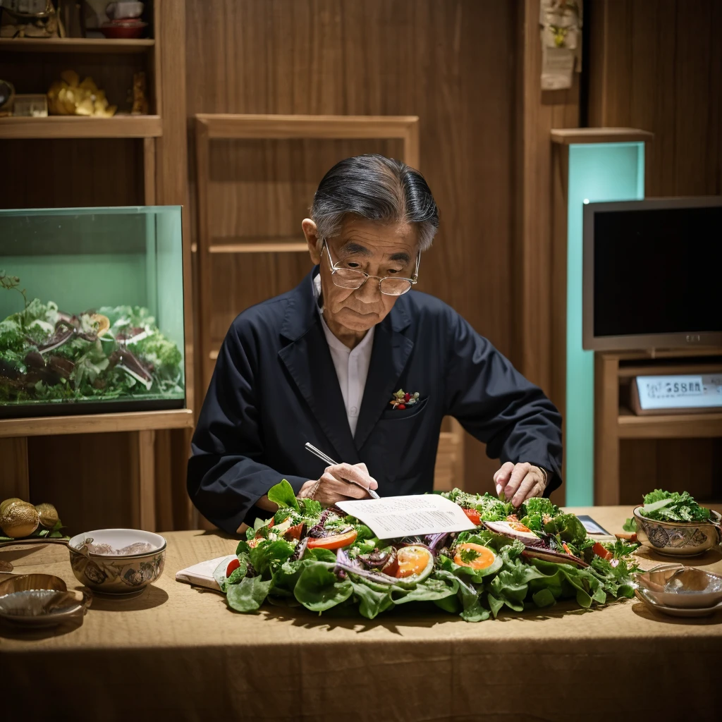 Medium-sized display, Medium shot, Written border depth, Break, Upper Body, angle, masterpiece, angle, (RAW photos, best quality), best quality, Very detailed, CG, 8k wallpaper, Vicissitudes, Older male protagonist,Chinese elderly,80 years old,male,Solitary, Divide salad, Look directly at the audience, front