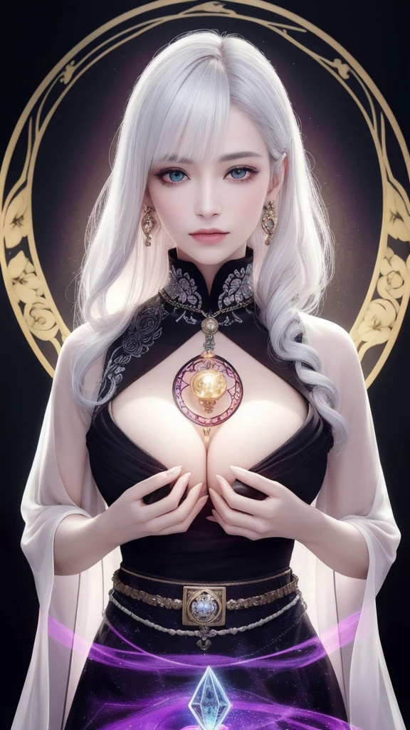 (masterpiece, top quality, 1 female, solo, exquisite details, chromatic aberration), (realistic), (skin), ((breathing)), (silver hair, blunt bangs, short straight long hair, short bangs, silver hair), beautiful hair, red headdress, blue highlights, hair over one eye, pretty eyes, purple eyes, thick lips, earrings, piercing eyes, ((gold and white kimono)), ((symmetrical eyes)), ((perfectly symmetrical body)), ((perfectly symmetrical hands)), (purerosface_v1:0.3), night, (((self, natural light))), bright lighting, flowers blooming in the background, in front of the viewer, ((central shot, from the front, (face and chest))), mysterious atmosphere, flowers blooming around, light colored background, fortune teller in kimono, beautiful fortune teller, fortune teller, fantasy female fortune teller, female fortune teller, f Fantasy photography, magician, witch fairy tale, Japanese style, elegant cinematic fantasy art, fantasy woman, sorceress portrait, casting spells, fortune teller, powerful wizard stands among mystical colorful flowers, fluttering robes adorned with symbols, holding a glowing heart crystal ball, eyes glowing with mystical energy, spells leaking from his mouth, vivid swirling patterns of black magic pulsating with iridescent hues appear in the air, magic permeates, flowers bloom, sacred creatures gaze in awe, threads of magical energy dance, revealing hidden realms, unravelling secrets, capturing the essence of this enchanting moment and bringing to life the mystical power of witchcraft on a canvas of the highest quality and finest detail. Top Quality, Masterpiece, Ultra High Resolution, (Photorealistic: 1.4), RAW Photo, Sharp Focus, High Resolution, Detailed Skin.