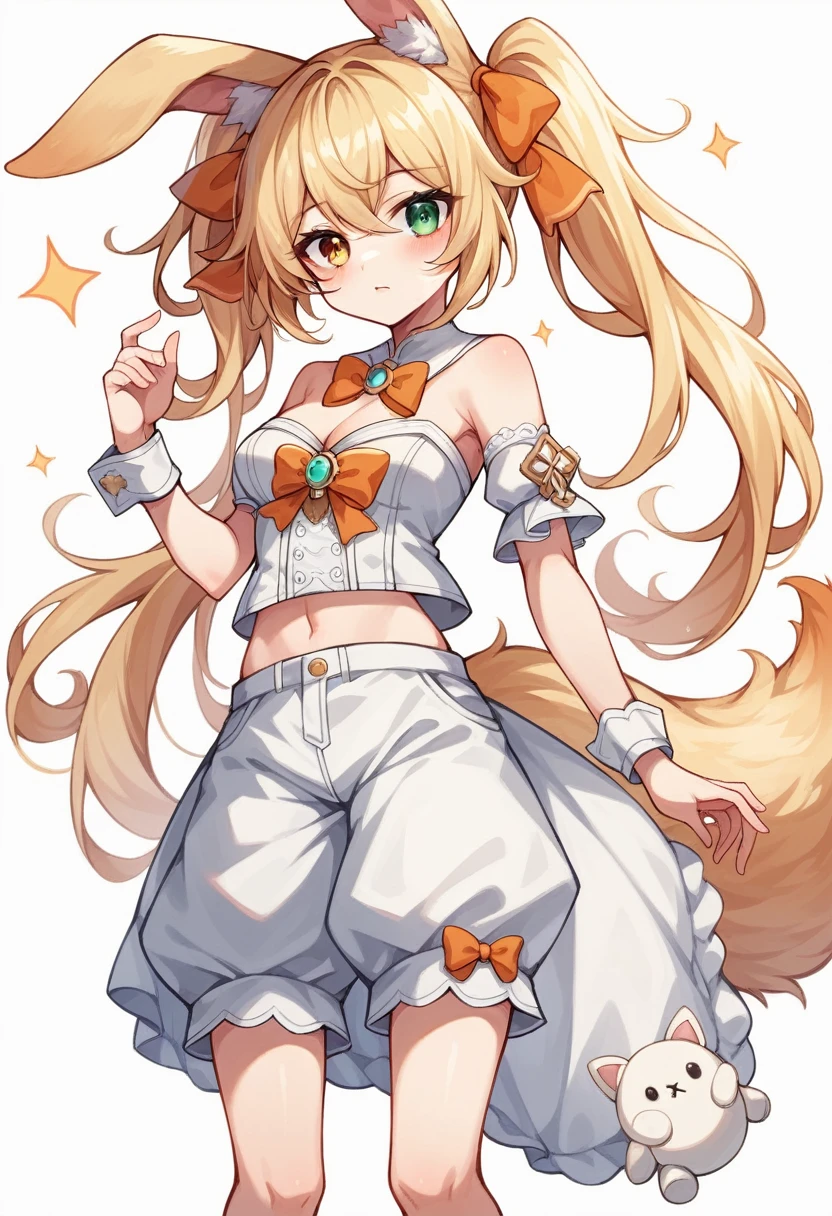 1girl, animal ears, bangs, bare shoulders, blonde hair, blush, bow, breasts, white cleavage, cropped torso, , green eyes, hair ribbon, heterochromia, stlooking at viewer, orange bow, orange eyes, orange ribbon, ears like an unearthly animal, fluffy tail, light tail, real tail, ribbon, solo, stuffed animal,twintails, upper body, full-length, white legbands, white shoes with lace and white bows, white background, wrist cuffs, yellow eyes, bloomers, close-up, fair skin frills, lace, midriff, skirt, solo, , white background,shorts, white top with ribbon and lace and trousers,trousers, genshin,white slippers with a bow,All clothes are white, laceAt full height, it stands, в полный рост,white shorts with bloomers