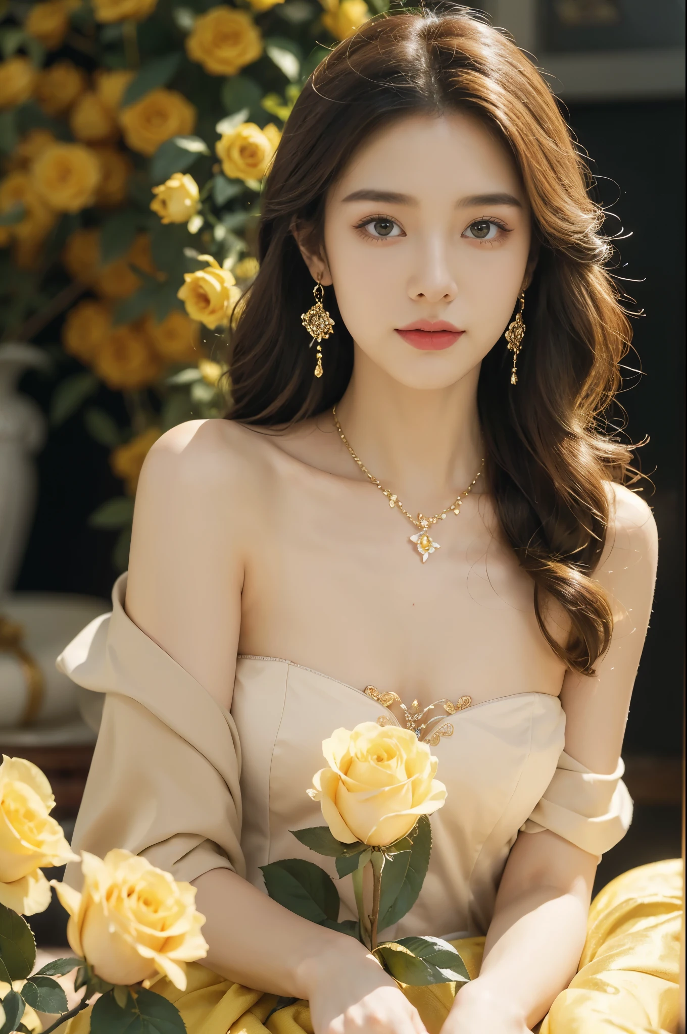 (((best quality))),(((ultra detailed))),(((masterpiece))),illustration, a stunning young girl amidst a sea of yellow roses,strapless yellow rose petal bra,slim,thin, fair skin,shoulder length straight chestnut hair,earrings,necklace,intricate patterns, embellishments, ethereal charm, sparkling eyes, gentle smile,flat chest,small breasts, innocence and grace, yellow roses background, full bloom, fragrance of roses, enchanting presence, delicate fingers, admiration, beauty and nature blend, striking appearance, vibrant yellow color, harmonious equilibrium,lasting impression,standing,((close-up of face,from front)),night scene,