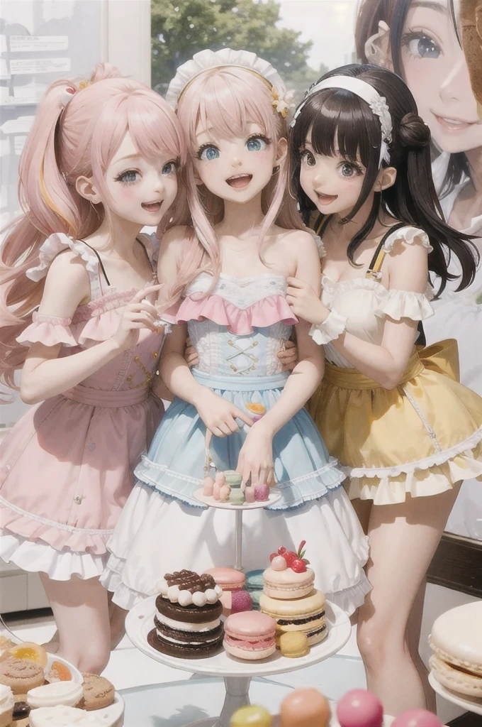4+ girls, multiple colored hairs,Multiple Skin Tones Sweet Maids, random cute faces, super happy smiling, open mouth, group shot, zoom camera, sweet tea party, lots of cakes, macarons, chocolates, parfaits, cookies, land of sweets