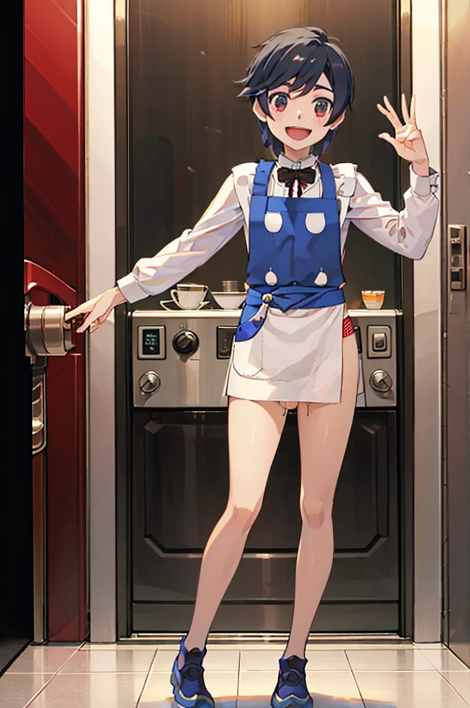 Detailed image, high quality, boy, Elio, cute, elevator, Cafe staff, family apron, medium penis, smile, flaccid cock, Dressed, just penis, penis focus, sole boy, もっこり