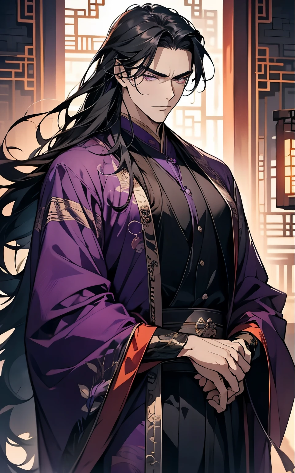 1 middle-aged man, (45 years old), long black hair, violet eyes, chinese clothes, (!PURPLE! clothes), available at purple chinese room, angry