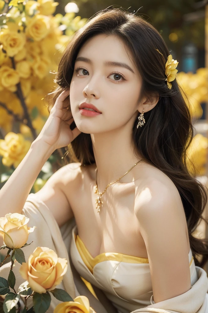 (((best quality))),(((ultra detailed))),(((masterpiece))),illustration, a stunning young girl amidst a sea of yellow roses,strapless yellow rose petal bra,slim,thin, fair skin,shoulder length straight chestnut hair,earrings,necklace,intricate patterns, embellishments, ethereal charm, sparkling eyes, gentle smile,flat chest,small breasts, innocence and grace, yellow roses background, full bloom, fragrance of roses, enchanting presence, delicate fingers, admiration, beauty and nature blend, striking appearance, vibrant yellow color, harmonious equilibrium,lasting impression,standing,((close-up of face,from front)),night scene,