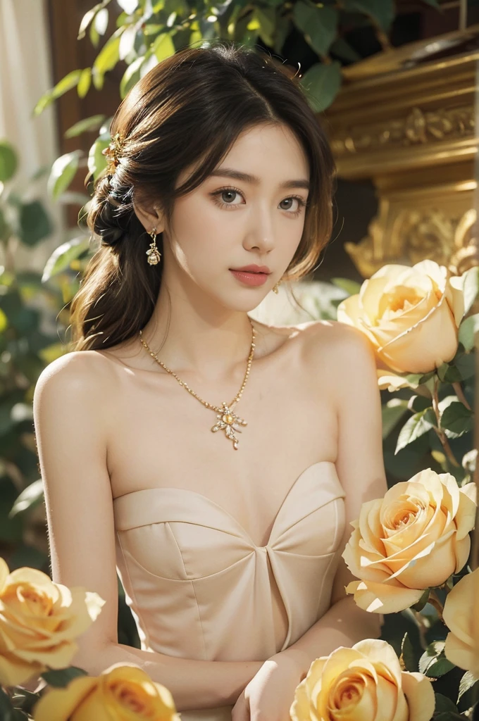 (((best quality))),(((ultra detailed))),(((masterpiece))),illustration, a stunning young girl amidst a sea of yellow roses,strapless yellow rose petal bra,slim,thin, fair skin,shoulder length straight chestnut hair,earrings,necklace,intricate patterns, embellishments, ethereal charm, sparkling eyes, gentle smile,flat chest,small breasts, innocence and grace, yellow roses background, full bloom, fragrance of roses, enchanting presence, delicate fingers, admiration, beauty and nature blend, striking appearance, vibrant yellow color, harmonious equilibrium,lasting impression,standing,((close-up of face,from front)),night scene,