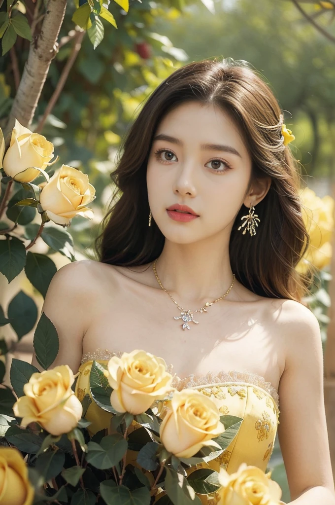 (((best quality))),(((ultra detailed))),(((masterpiece))),illustration, a stunning young girl amidst a sea of yellow roses,strapless yellow rose petal bra,slim,thin, fair skin,shoulder length straight chestnut hair,earrings,necklace,intricate patterns, embellishments, ethereal charm, sparkling eyes, gentle smile,flat chest,small breasts, innocence and grace, yellow roses background, full bloom, fragrance of roses, enchanting presence, delicate fingers, admiration, beauty and nature blend, striking appearance, vibrant yellow color, harmonious equilibrium,lasting impression,standing,((close-up of face,from front)),night scene,