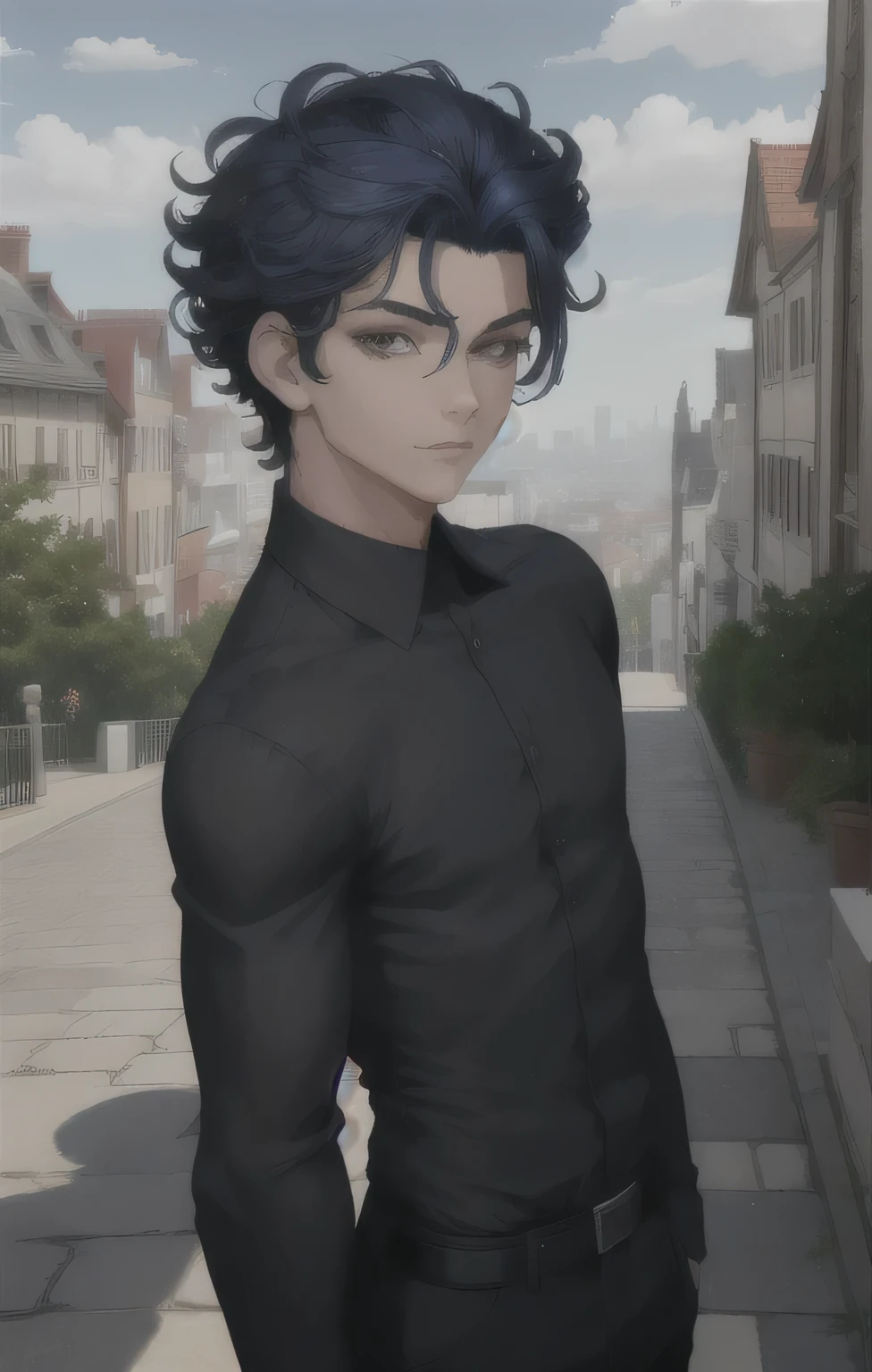 Masterpiece, best quality, 1boy, solo, male, age boy,15 yte, clean face, handsome, perfect face, curly hair style, deep blue hair, oval shaped eyes, dark black eyes, clever eyes, shiny eyes, Disney style eyes, small nose, impressed expressions , detailed face, standing, visible from face to chest, confirmed pose, half smiling, wearing black shirt, collared shirt, buttoned up, tight black shirt, muscular, shoulder muscles, sleeves up, upto chest, portrait style,looking at viewer, city in background, light and shadow