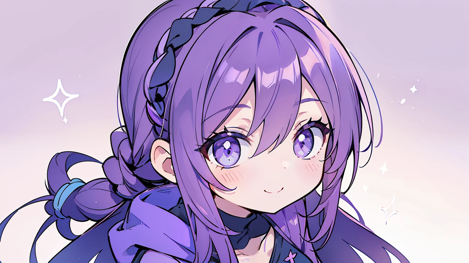 masterpiece, beautiful detailed, (wearing hoodie), violet theme, violet Eyes, violet hair, long hair, 1girl, light smile, looking at viewer, looking ahead, from above, medium breasts, hair scrunchie, ((no background:1.4)), (((bold outline))), limited palette