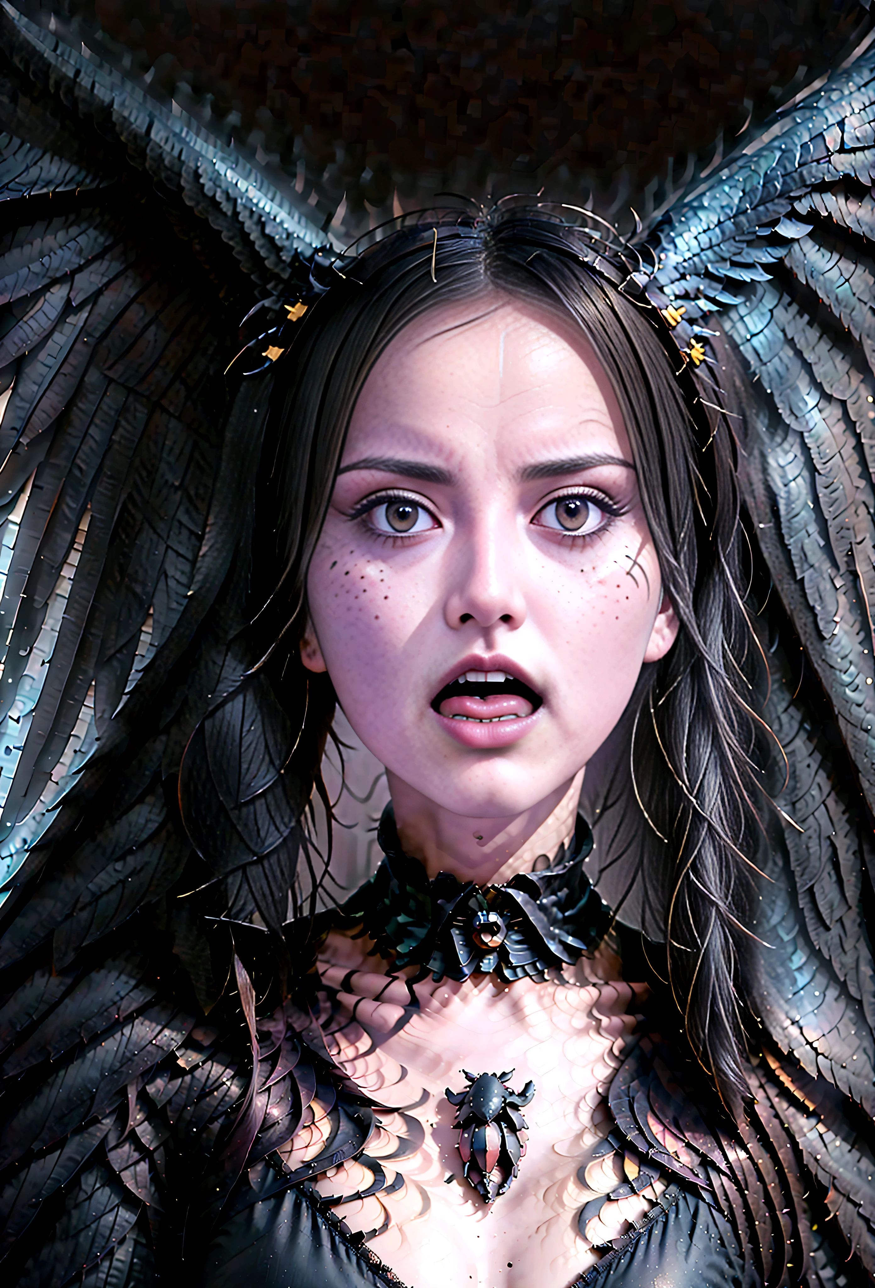 a close up of a person with a bird on their head, harpy, harpy woman, satanic wings, intense black line art, intense line art, screaming. not realistic, nightmare digital art, portrait of the death angel, artistic drawing of a crow, dark outlines, scary angry pose, dark but detailed digital art, anger. hyper detailed