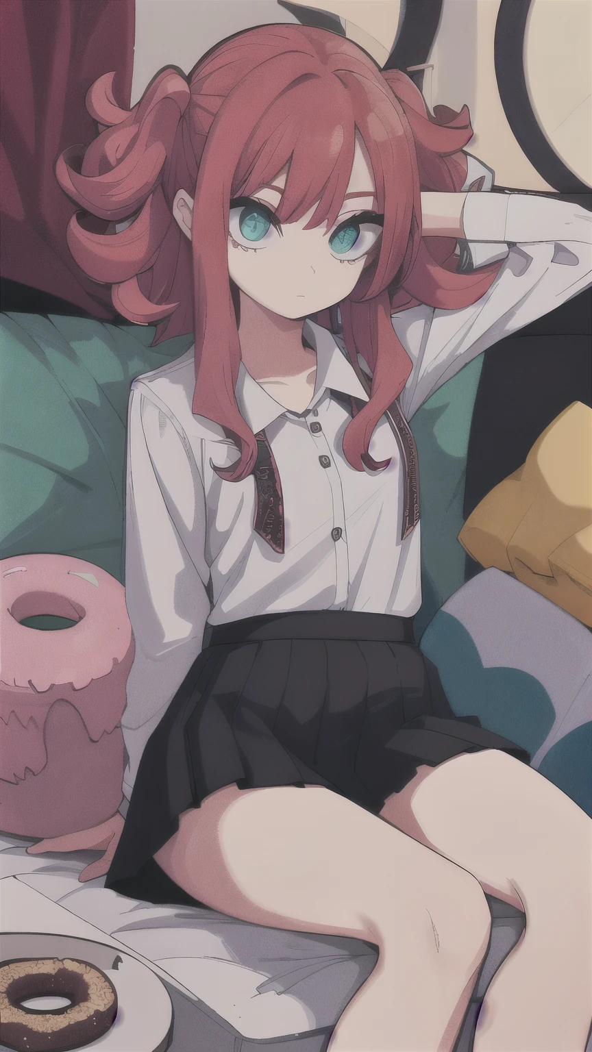 A young lady surrounded by hundreds of different kinds of donuts, squashed in fluffy cushions, colorful, detailed eyes of the young lady, fashionable patchwork shirt and skirt, curly hair style