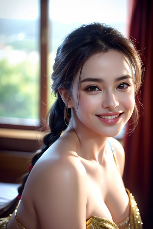 a gorgeous middle-aged busty woman, ponytail, topless tanktop, beautiful smile showing teeth, pov, lover, cinematic lighting, (best quality,4k,8k,highres,masterpiece:1.2),ultra-detailed,(realistic,photorealistic,photo-realistic:1.37),HDR,UHD,studio lighting,ultra-fine painting,sharp focus,physically-based rendering,extreme detail description,professional,vivid colors,bokeh,portrait,photorealistic,cinematic,dramatic lighting