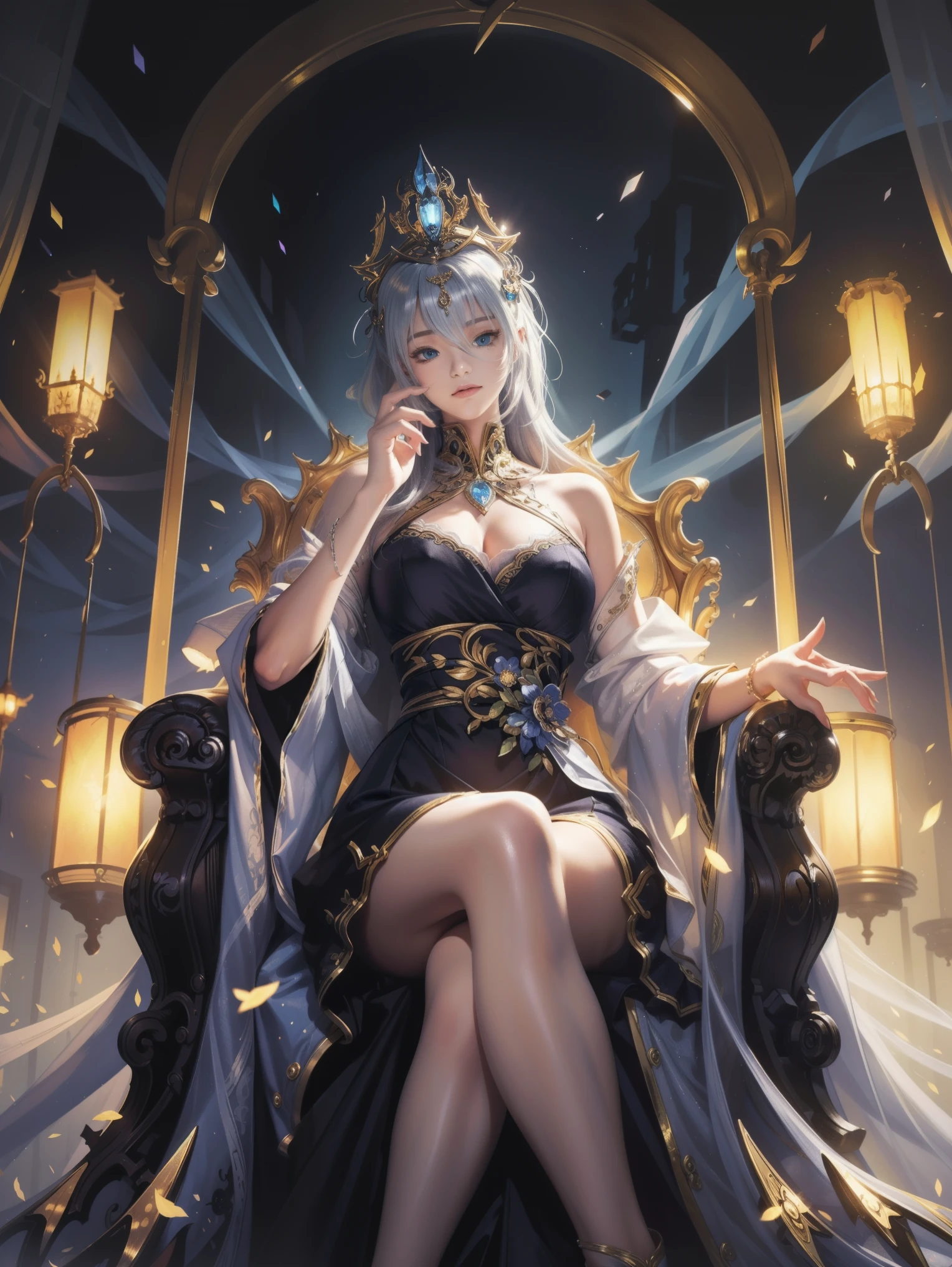 (masterpiece:1.2),best quality,(illustration:1.2),(Super detailed),Ultra Detail,(Fine details),(Intricate details),(light, best quality Backlights),Clear boundaries,From below,Female only,Perfect body,(1 Girl),white hair,Glowing eyes,(Black see-through clothes),(crown:1.1),Sitting on the throne,Close your eyes slightly,look down,Turn your head,( Shy:1.2),((cosmetic)),High contrast,(Optimal lighting, extremely delicate and beautiful),((light)),rich and colorful,