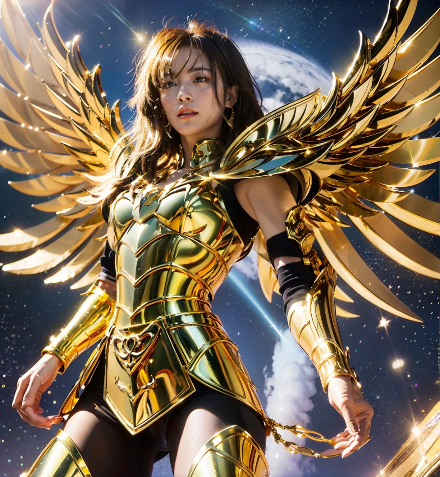 Dressed in gold、With wings、Arav woman with the moon in the background, Angel Gold Armor, Zodiac Knight Girl, portrait Zodiac Knight Girl, Saint Seiya, unreal engine render Saint Seiya, gold wings, Golden Wings, angel in plastic armor, Sailor Galaxy. beautiful, Golden goddess Athena, with fiery Golden Wings, Winged Armor Horn