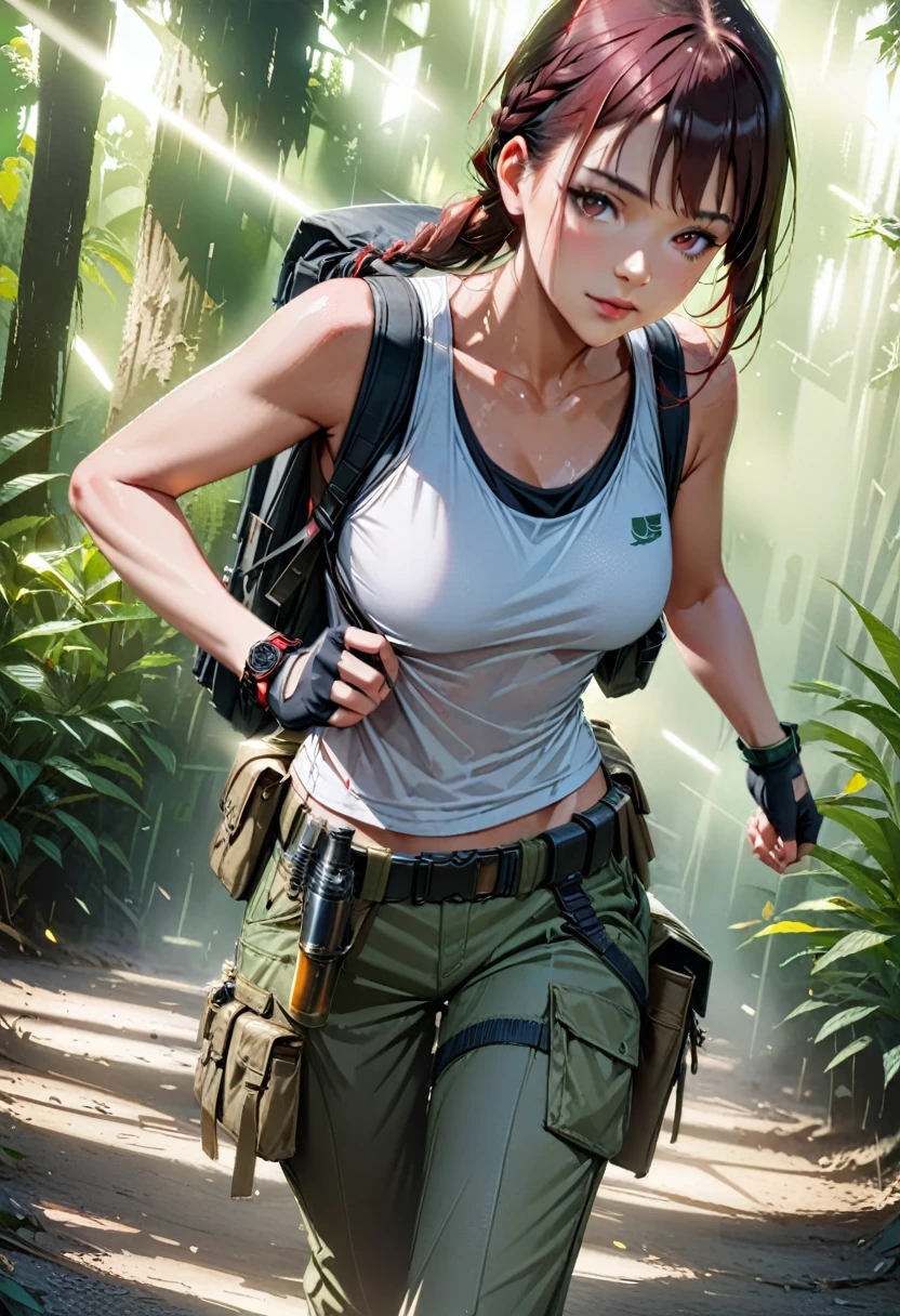 8k resolution, depth of field, lens flare, photorealistic,((best quality)), (((intricate details))), highly detailed, (((cinematic effect))), looking at viewer,A young red-haired woman usually dressed in a tank top, often olive green or black, tight-fitting and sleeveless, allowing freedom of movement. She wears shorts or cargo pants, usually khaki or dark green in color, with several pockets to store her equipment. His outfit includes a utility belt with a buckle, pistols in a holster on each side, and additional pouches for ammo and tools. She wears sturdy combat boots that provide ankle support and grip for climbing and running. Lara also wears fingerless gloves, a watch, and a backpack to carry larger items. Her hair is usually tied into a practical ponytail or braid. , emphasizing his desire for adventure in the Amazon forest,no anatomical defects, fine details, dynamic lighting, high quality.