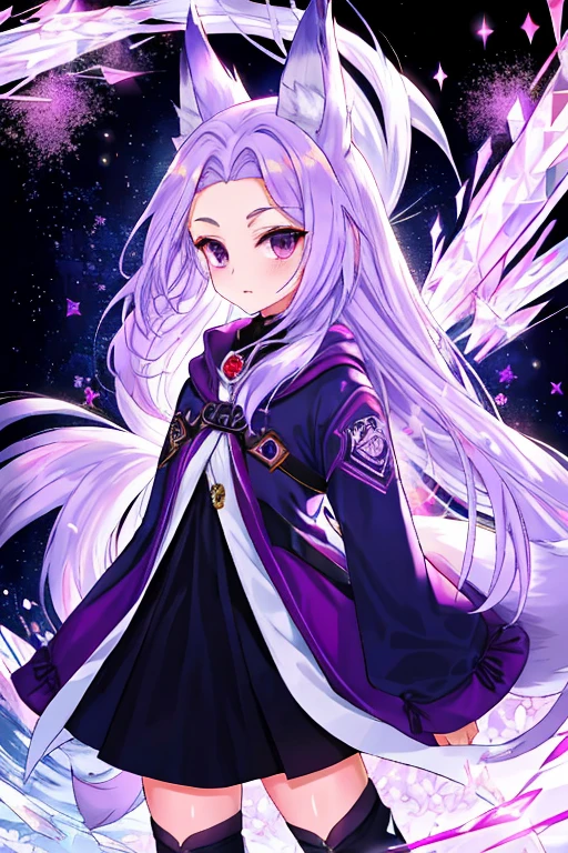 young girl with long light purple hair, purple eyes, fox eyes, crystallized foxtails, and has three small marks on her forehead