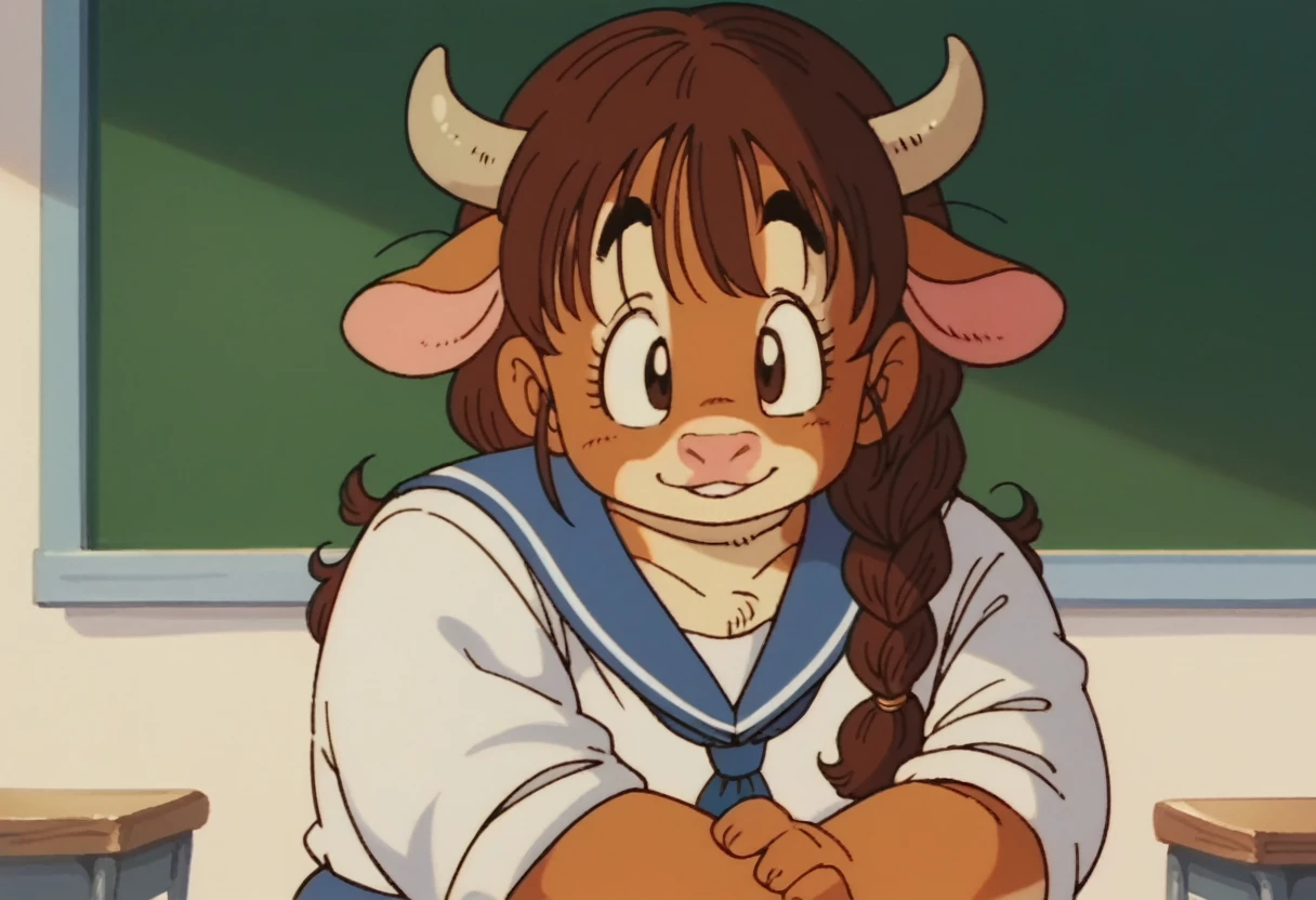 anime screencap,drgbls1, solo,anthro cow, female,score_9, score_8_up, score_7_up, score_6_up. shy smile, upper body, , classroom, long brunette hair, long hair, braid, chubby female
