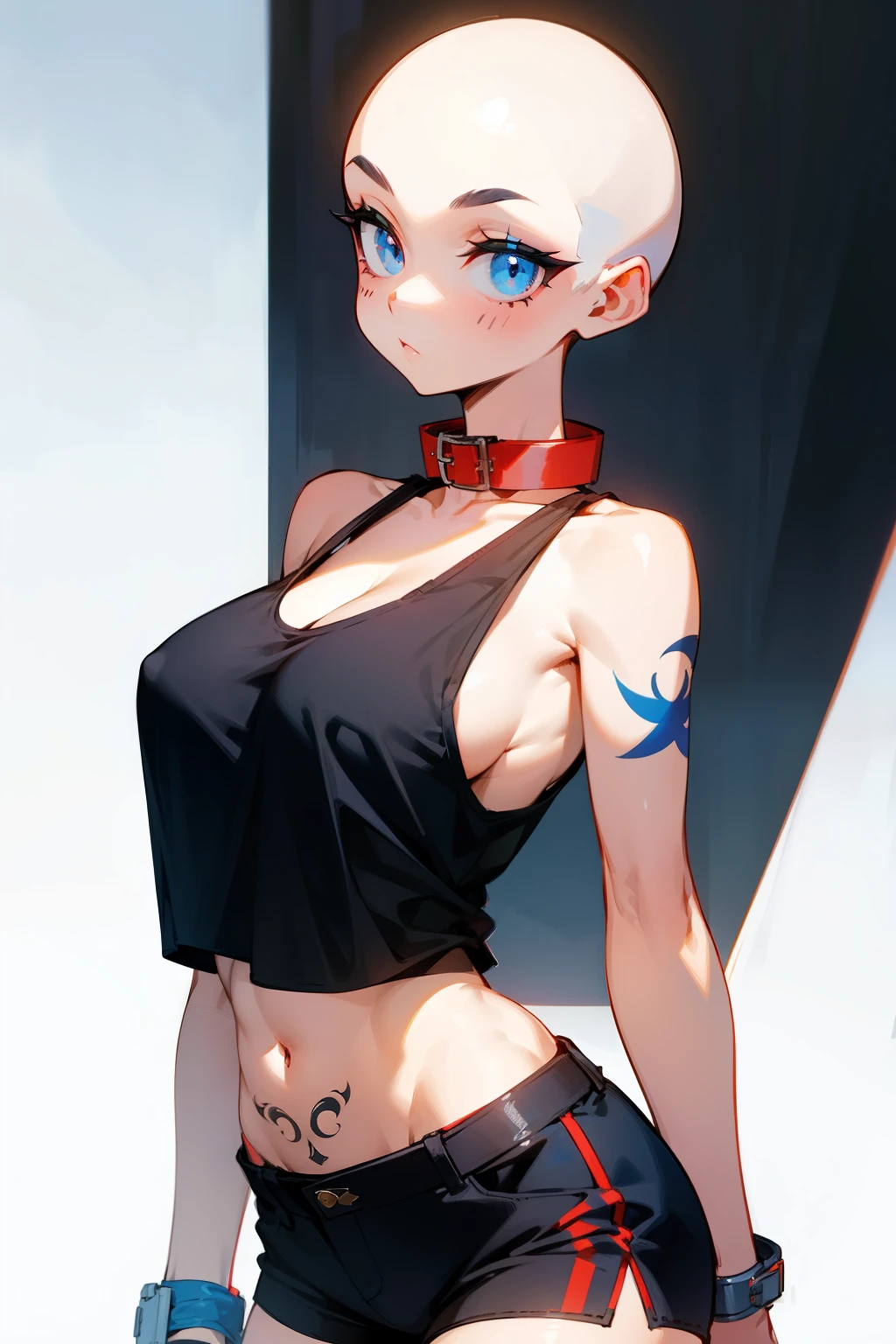 Cute bald girl, blue eyes, black tattoos, red collar, white tank top, black shorts, big boobs