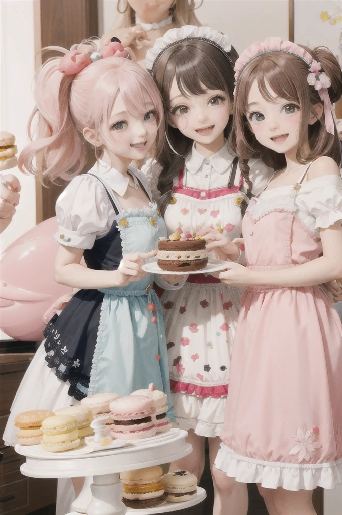 4+ girls, multiple colored hairs, sweet maids, random cute faces, super happy smiling, open mouth, group shot, zoom camera, sweet tea party, lots of cakes, macarons, chocolates, parfaits, cookies, land of sweets