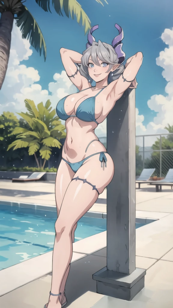 High level image quality best image quality 8K adult woman pool party rain palm trees more colors whole body view portrait bikini horn ears short hair((shortcut)(gray hair)(perm)(fluffy)) eye color is blue , , attractive evil face , smile , sexy pose , labrynth , arms behind head , barearm , legs split standing by the pool , wet hair , view foot arc