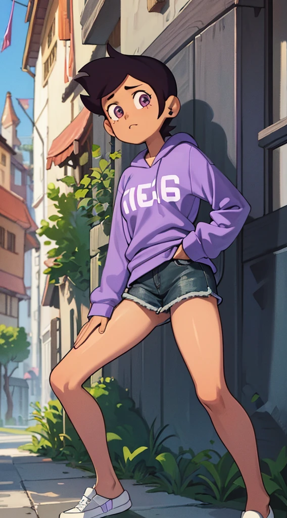 Luz Noceda, large breasts, ((purple and white small sweatshirt and a black stripped miniskirt)), high quality fanart, open legs Style, official fanart, , official art, (nsfw), barefoot 