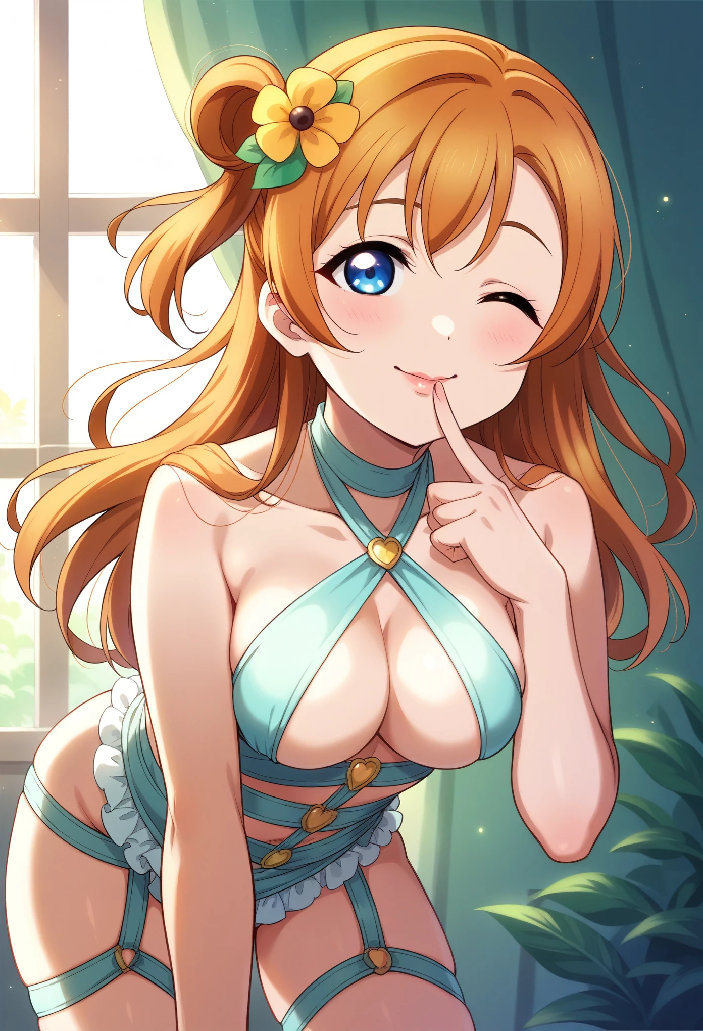 Honoka kousaka love live, cowboy shot, blue eyes, orange hair,hair flower, solo, Fashion , bshoulders, perfect eyes, Perfect iris，Perfect skin，Soft front light，Casual，indoors；（pastel colour:1.2）, halter neck,thin straps , sexy,(lipstick:0.8), breasts ,sexy pose,wink, (slightly bent over:0.8), bottom up , detailed breasts , shiny moist skin, shhhh, finger to mouth 