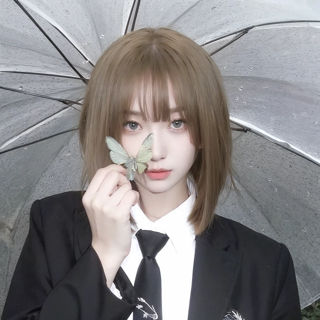 Short blonde hair in milk tea sand,Background umbrella,Natural and beautiful hair