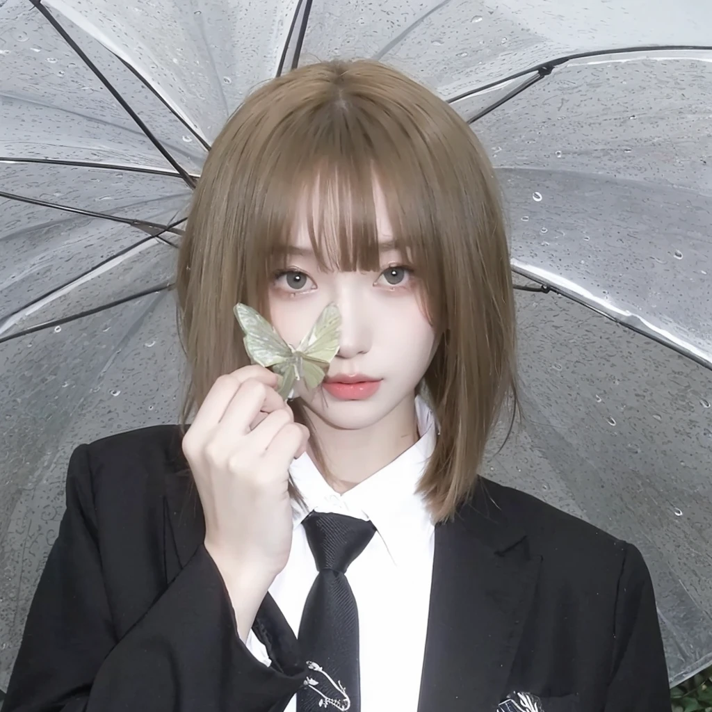 Short blonde hair in milk tea sand，Background umbrella，Natural and beautiful hair