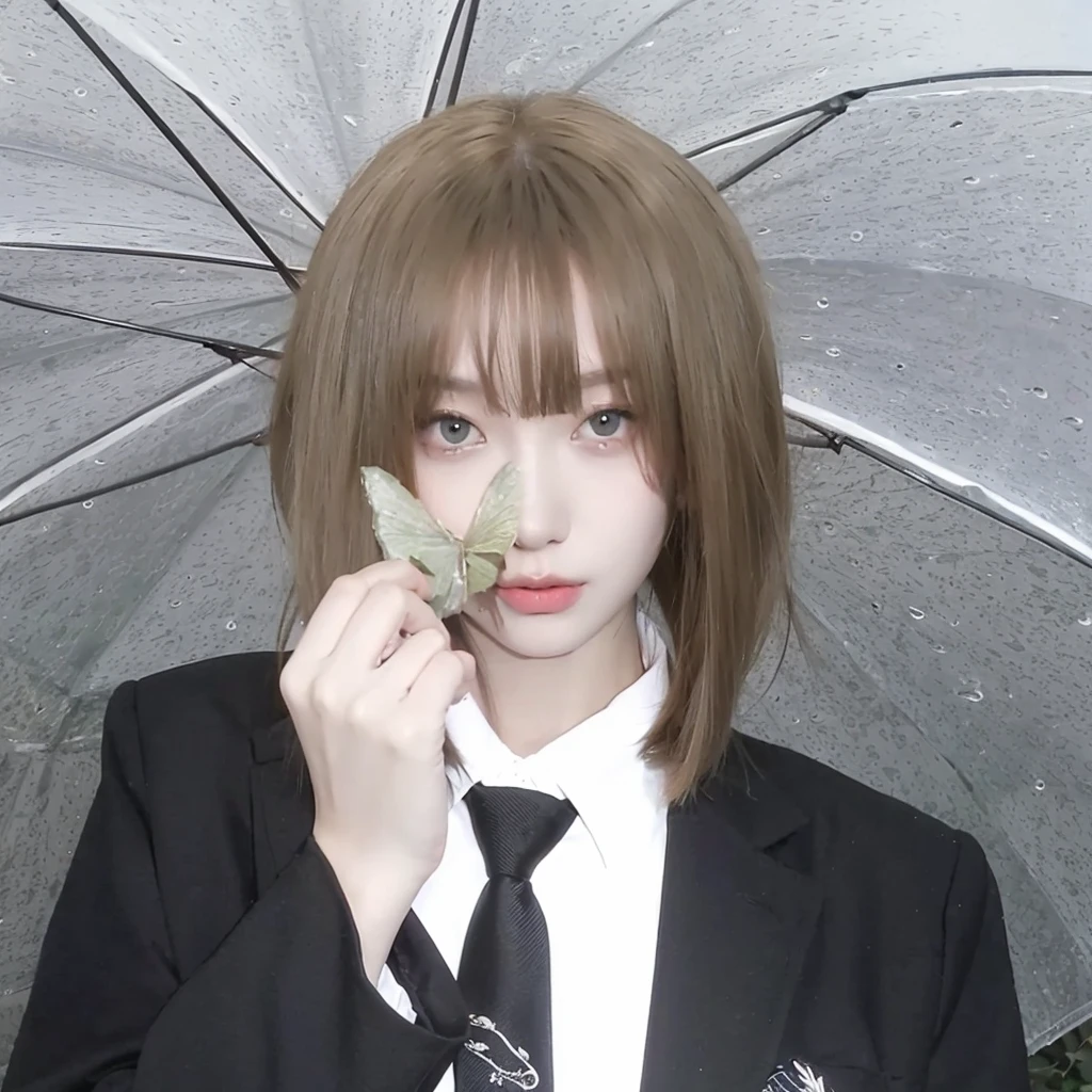 Short blonde hair in milk tea sand,Background umbrella,Natural and beautiful hair
