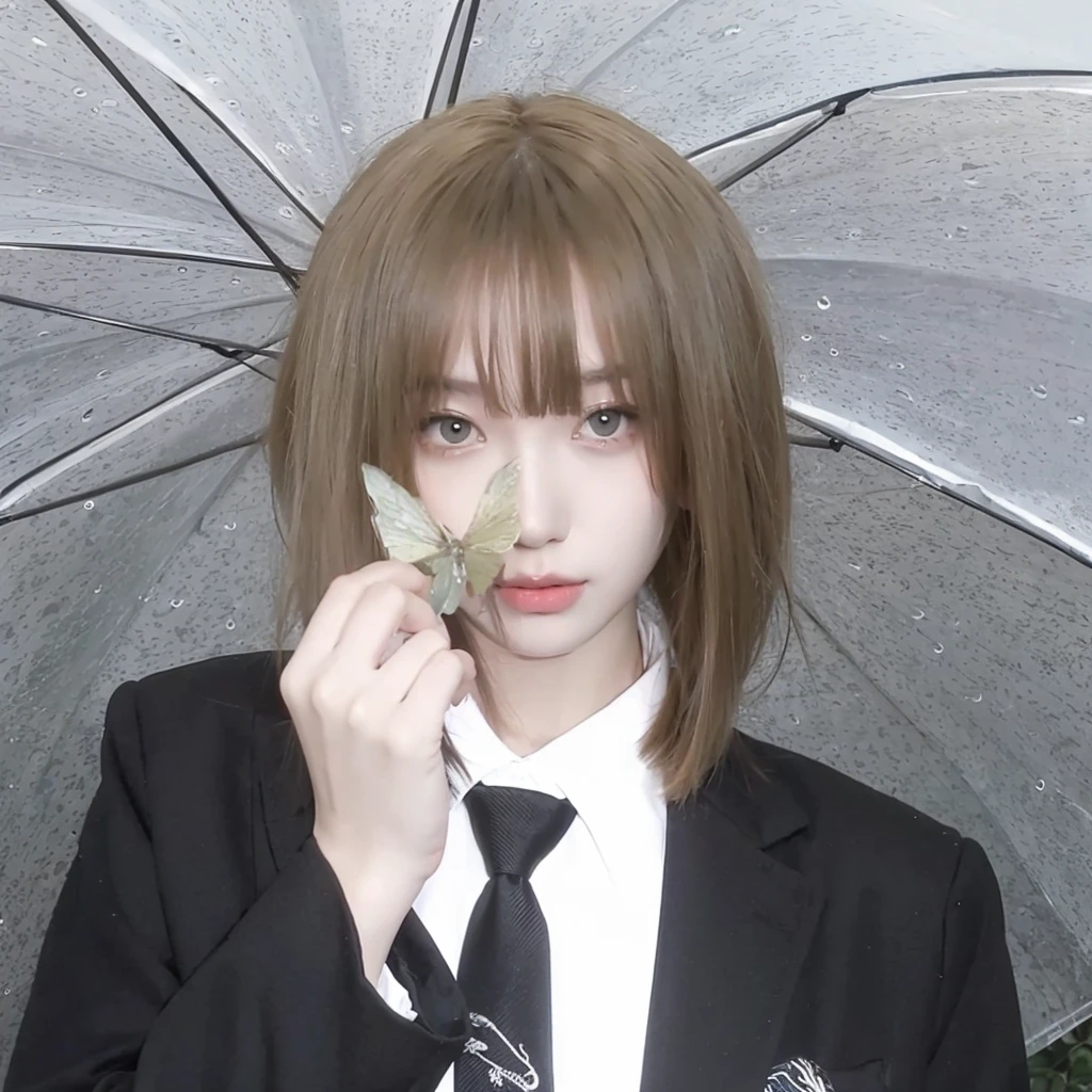 Short blonde hair in milk tea sand,Background umbrella,Natural and beautiful hair