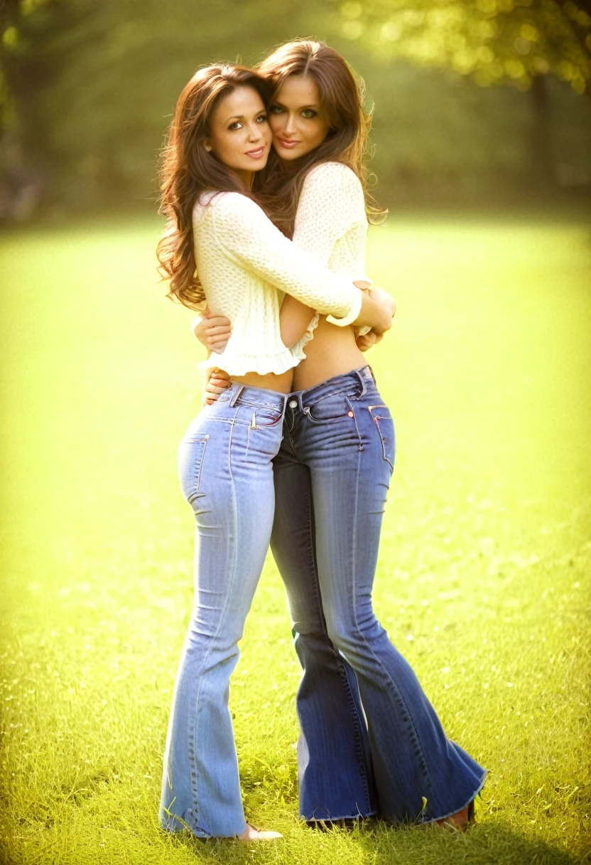 young mother with daughter in jeans with flounce in park, sexy pose, deep focus, vintage film grain, color correction retro style, soft lighting,
