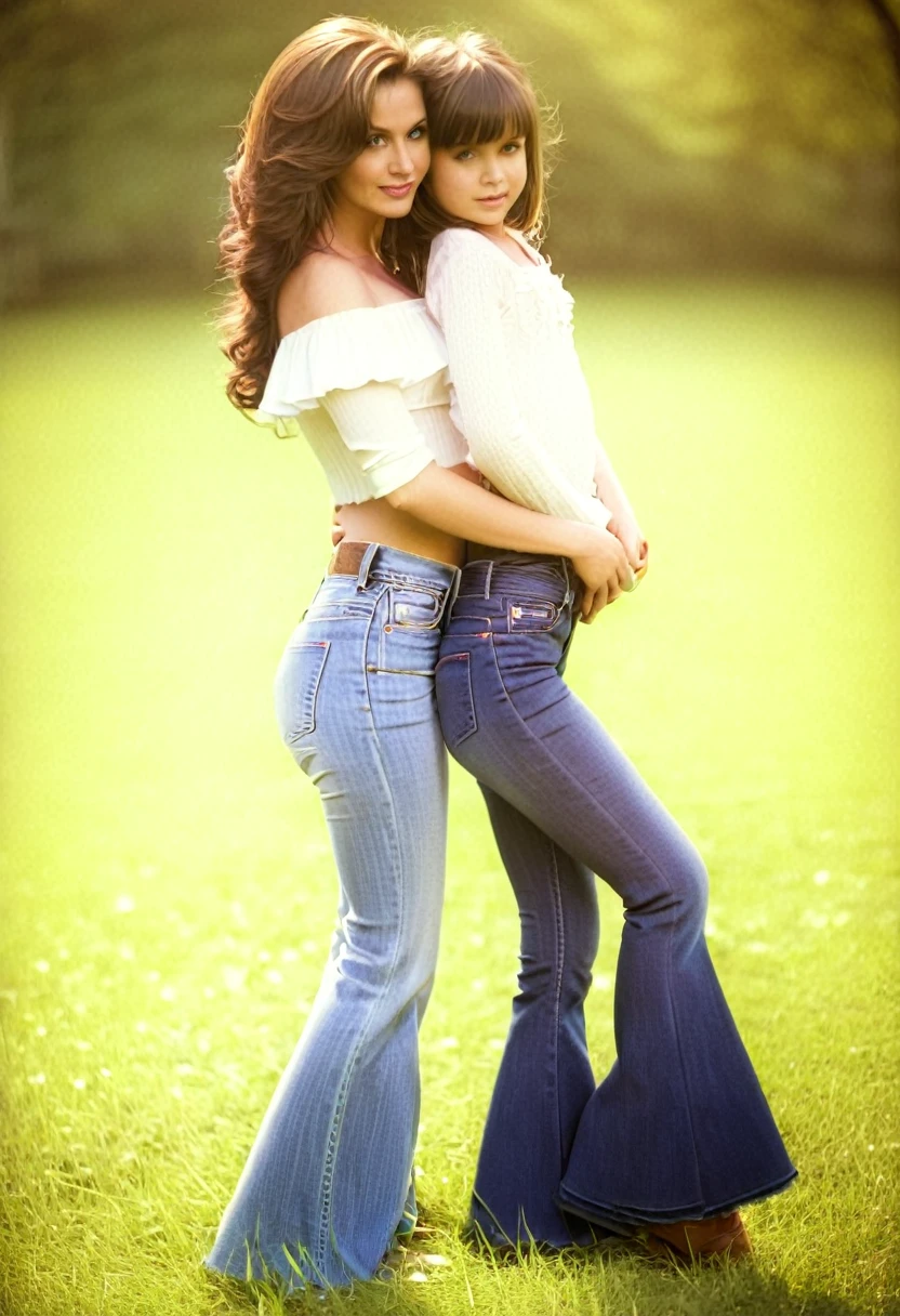 young mother with daughter in jeans with flounce in park, sexy pose, deep focus, vintage film grain, color correction retro style, soft lighting,
