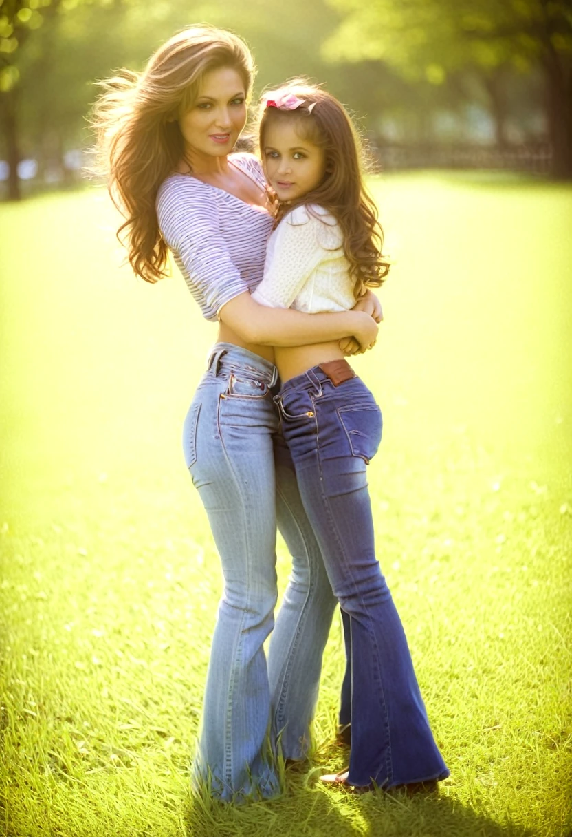 young mother with daughter in jeans with flounce in park, sexy pose, deep focus, vintage film grain, color correction retro style, soft lighting,
