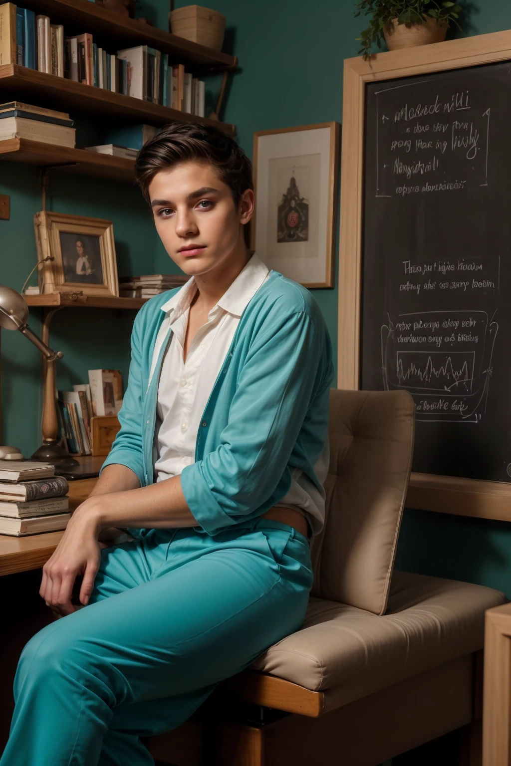 A beautiful young male twink, cute, with black hair and a face with make-up, wearing a long-sleeved white shirt and aqua blue pants, and he is in his office, and behind him is a blackboard on which is written the shape of the brain and its anatomy, and nuclear energy comes out of it, and he has a face with make-up and his eyes.  Underneath are dark circles while he is sitting, and he appears innocent and has a beautiful face with make-up, while he is sitting at a luxurious desk with books, and neon energy comes out of it.