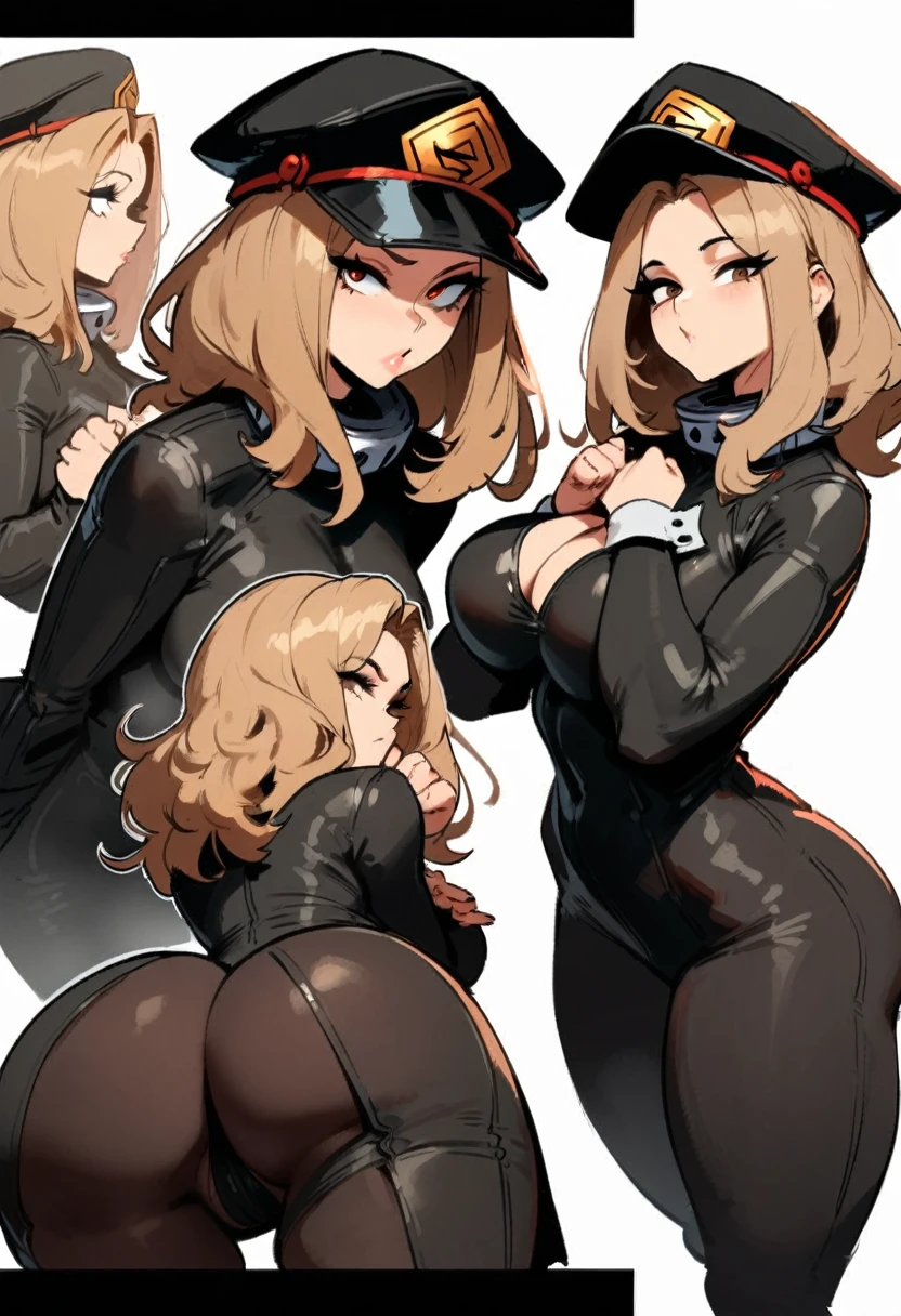 1girl, utsushimi kemii, boku no hero academia \\\\\ masterpiece, best quality, very aesthetic, absurdres, newest \\\\\\ slim body,///// ,by nyantcha,cutesexyrobutts , by khyle,,////// beautiful face, light brown hair ,plump and glossy lips, . , , dark brown eyes,, cap, black catsuit . She wears white cuffs around her wrists,,standing, white background, (rear view:1.2), ass view,big tits, hands in fists