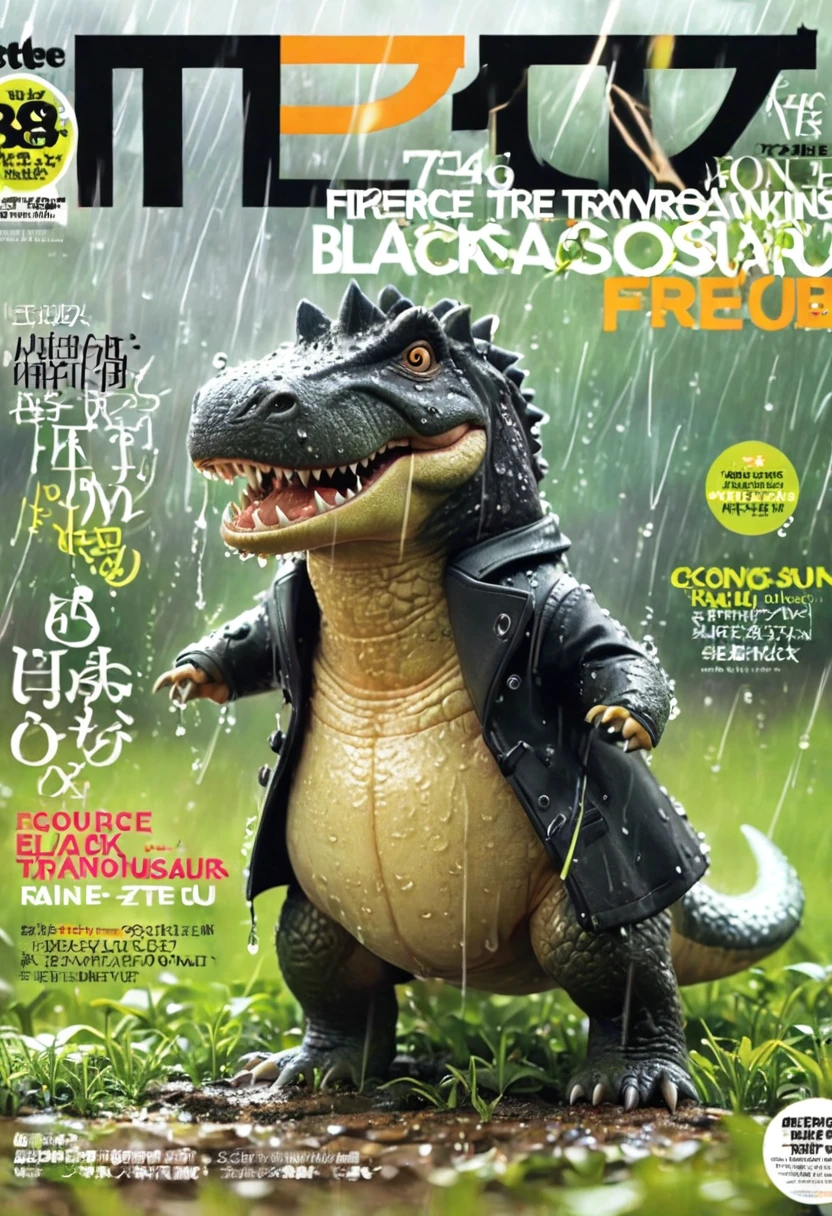 Magazine cover,Fierce Tyrannosaurus(Wearing a black trench coat),,(No humans),E7E48U,Wet body,rain, Background grassland