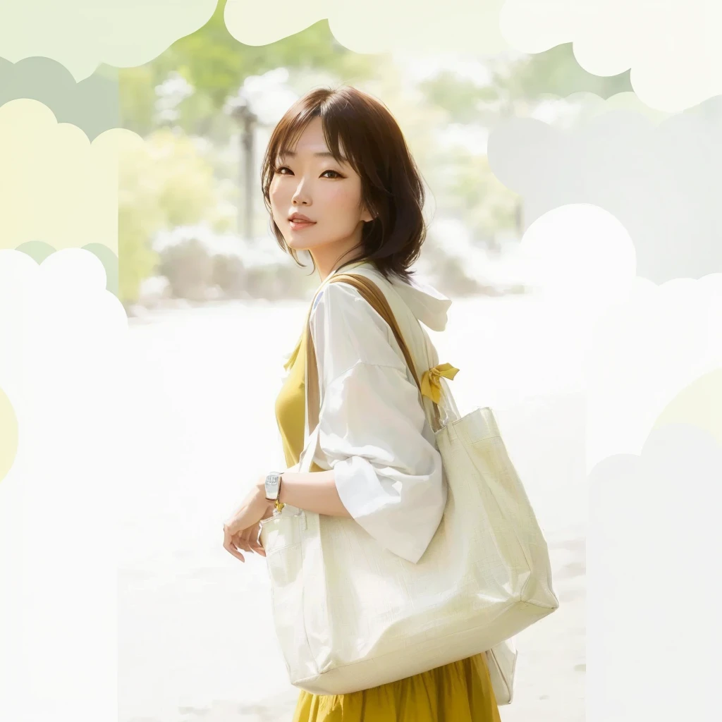 there is a woman that is carrying a bag in her hand, style of yoshii chie, inspired by Kim Du-ryang, chiho, wearing wheat yellow gauze, official product image, japanese collection product, aoshima chiho, cheery, promo art, product introduction photos, white color, natural tpose, inspired by Kim Jeong-hui