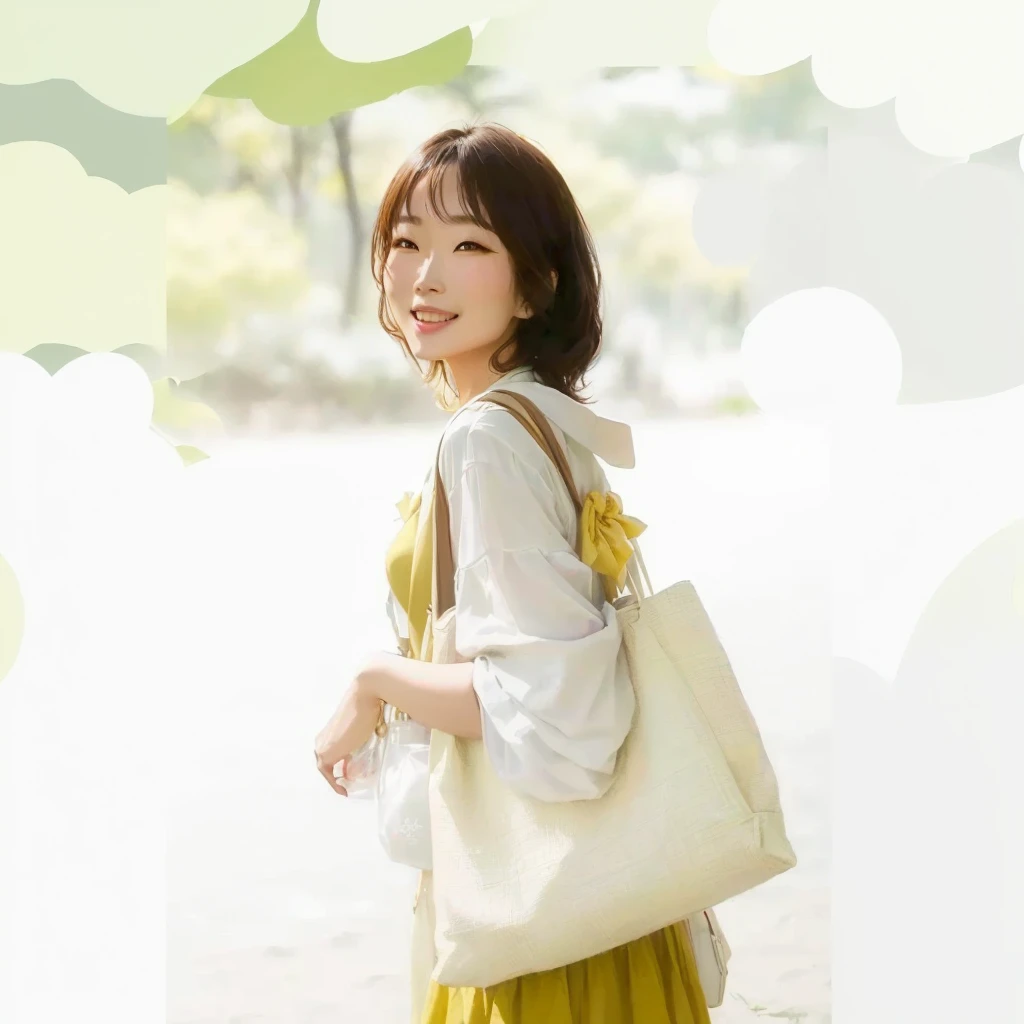 there is a woman that is carrying a bag in her hand, style of yoshii chie, inspired by Kim Du-ryang, chiho, wearing wheat yellow gauze, official product image, japanese collection product, aoshima chiho, cheery, promo art, product introduction photos, white color, natural tpose, inspired by Kim Jeong-hui