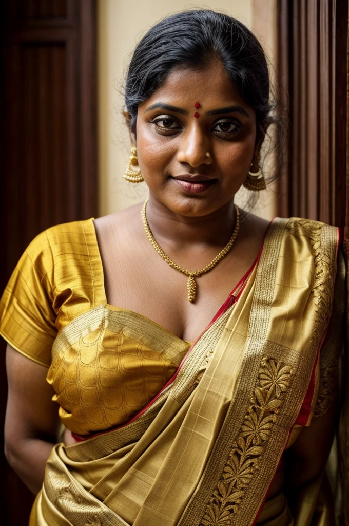 An Extremely gorgeous and beautiful Bengali village woman, 45 yo, pale white skin, sensual appealing body, perfect thick and chubby Beauty, wearing saree bare-chested, curvy, sexy navel folds, fleshy figure, Bengali village style saree, wearing a Bengali-style saree without a blouse,, ethnic vintage bengali village woman, bengali style saree, The sari was worn without a blouse and petticoat before the British Raj, baring one's chest or being blouseless, simple village ornaments, Bengalis a.k.a. Bongs are known for their unique Bengali fashion sense (the way they don that sari makes you go wow), Pre British Raj, Pre colonial era, Bengali Woman draping sari without blouse is a normal thing in pre British Era, bong woman, fine Art photography, artistic photography, sensually appealing, award winning photography, ethnic traditional beauty, 