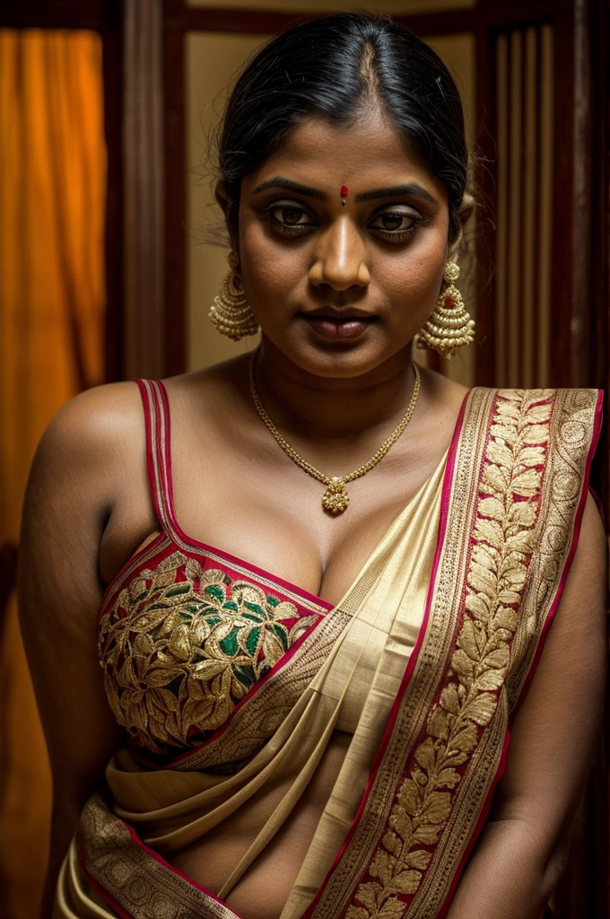 An Extremely gorgeous and beautiful Bengali village woman, 45 yo, pale white skin, sensual appealing body, perfect thick and chubby Beauty, wearing saree bare-chested, curvy, sexy navel folds, fleshy figure, Bengali village style saree, wearing a Bengali-style saree without a blouse,, ethnic vintage bengali village woman, bengali style saree, The sari was worn without a blouse and petticoat before the British Raj, baring one's chest or being blouseless, simple village ornaments, Bengalis a.k.a. Bongs are known for their unique Bengali fashion sense (the way they don that sari makes you go wow), Pre British Raj, Pre colonial era, Bengali Woman draping sari without blouse is a normal thing in pre British Era, bong woman, fine Art photography, artistic photography, sensually appealing, award winning photography, ethnic traditional beauty, 